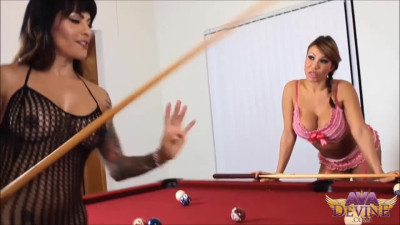 Busty milf Ava Devine & Foxxy lick and suck each others at the pool table