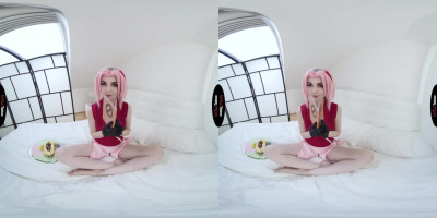 Sweet cosplayer Sia Siberia fingering her tight pussy in a pink wig