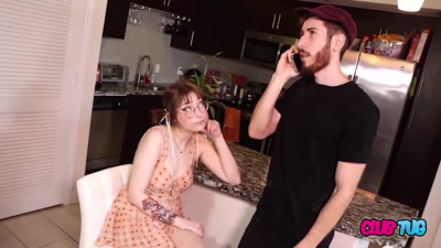 Cute redhead in glasses Prim Taylor gives a CFNM handjob to a big dick