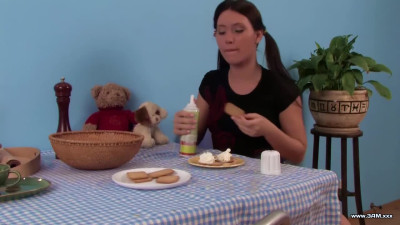 Stasy Licks whip cream off of meat stick