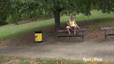 Magnificent long legged blonde pissing on the bench