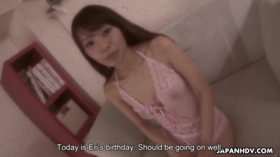 Busty babe Eri Ouka in pink lingerie fucked hard on her birthday