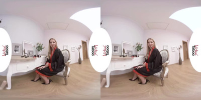 Busty blonde Georgie Lyall has some fun with a huge dildo in VR porn