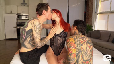 Beautiful babe Delilah Day spit roasted by two tattooed guys