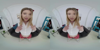 Beautiful chick Freya May playing with her tiny pussy in a VR porn video