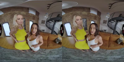 Hot babes Lana Roy and Sharon White rubbing their twats in VR scene