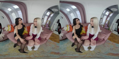 Blonde schoolgirl Lilly Bella gets her pussy touched by Jessy in VR