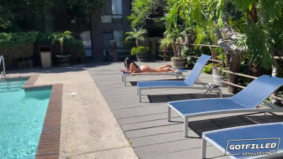 Mona Azar peels off her skimpy bikini by the pool then takes a hard dick